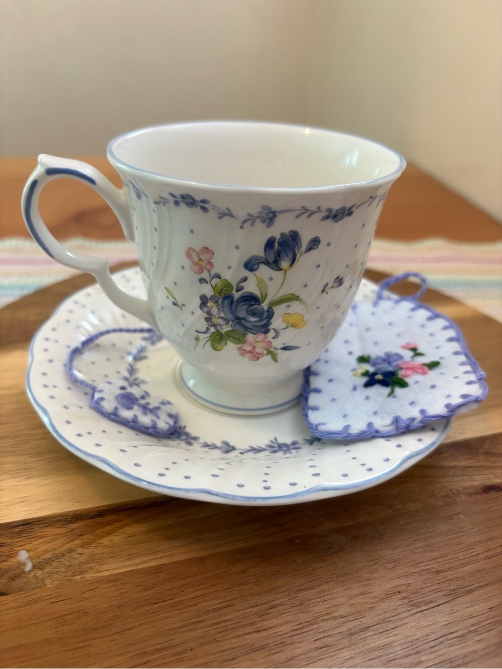 Hand Embroidered Tea Bag Bookmark with Coordinating Cup and Saucer
